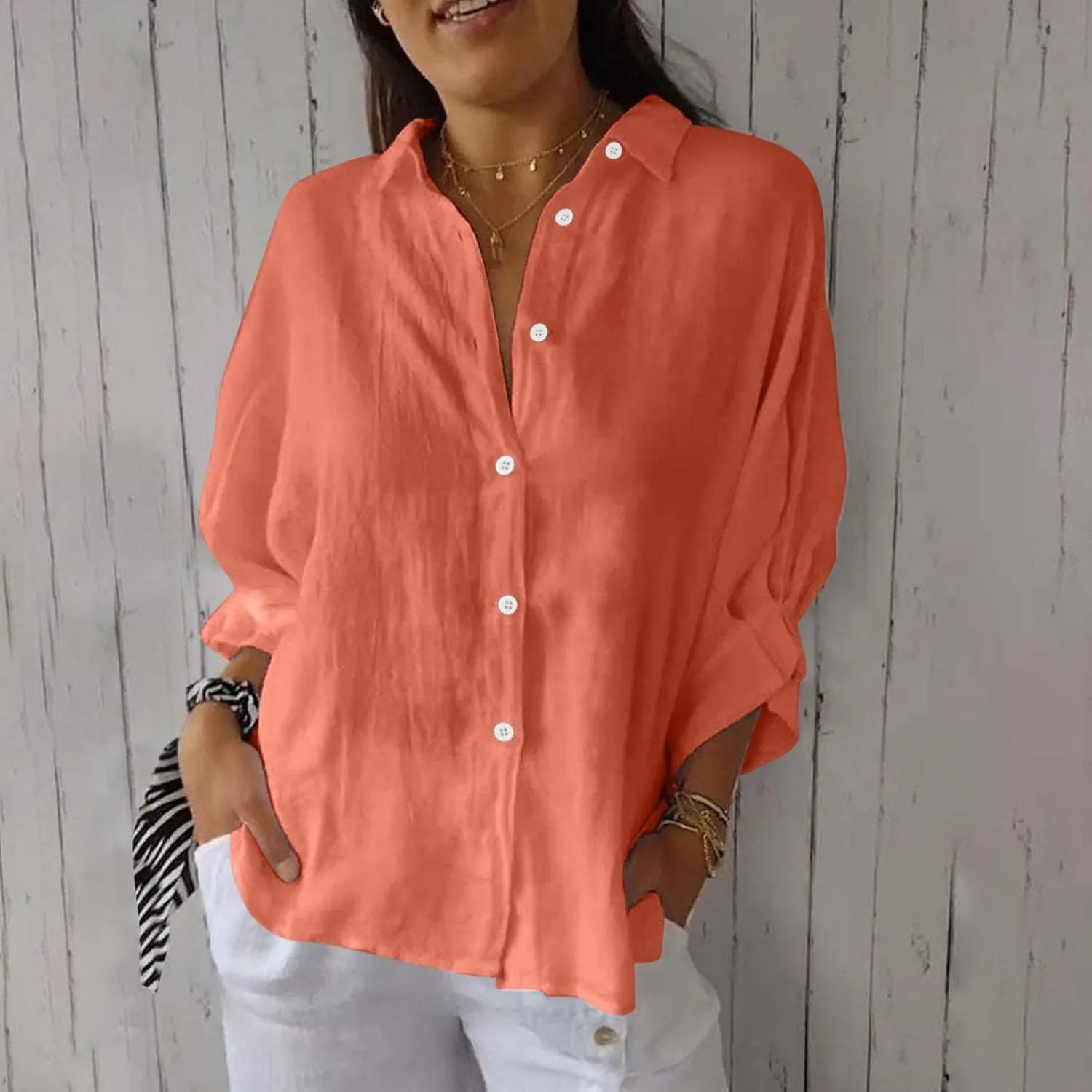 Women Casual Half Sleeve Button Down Shirts Summer Solid Casual Cotton Linen Tops Tie Back Design Fashion T Shirt