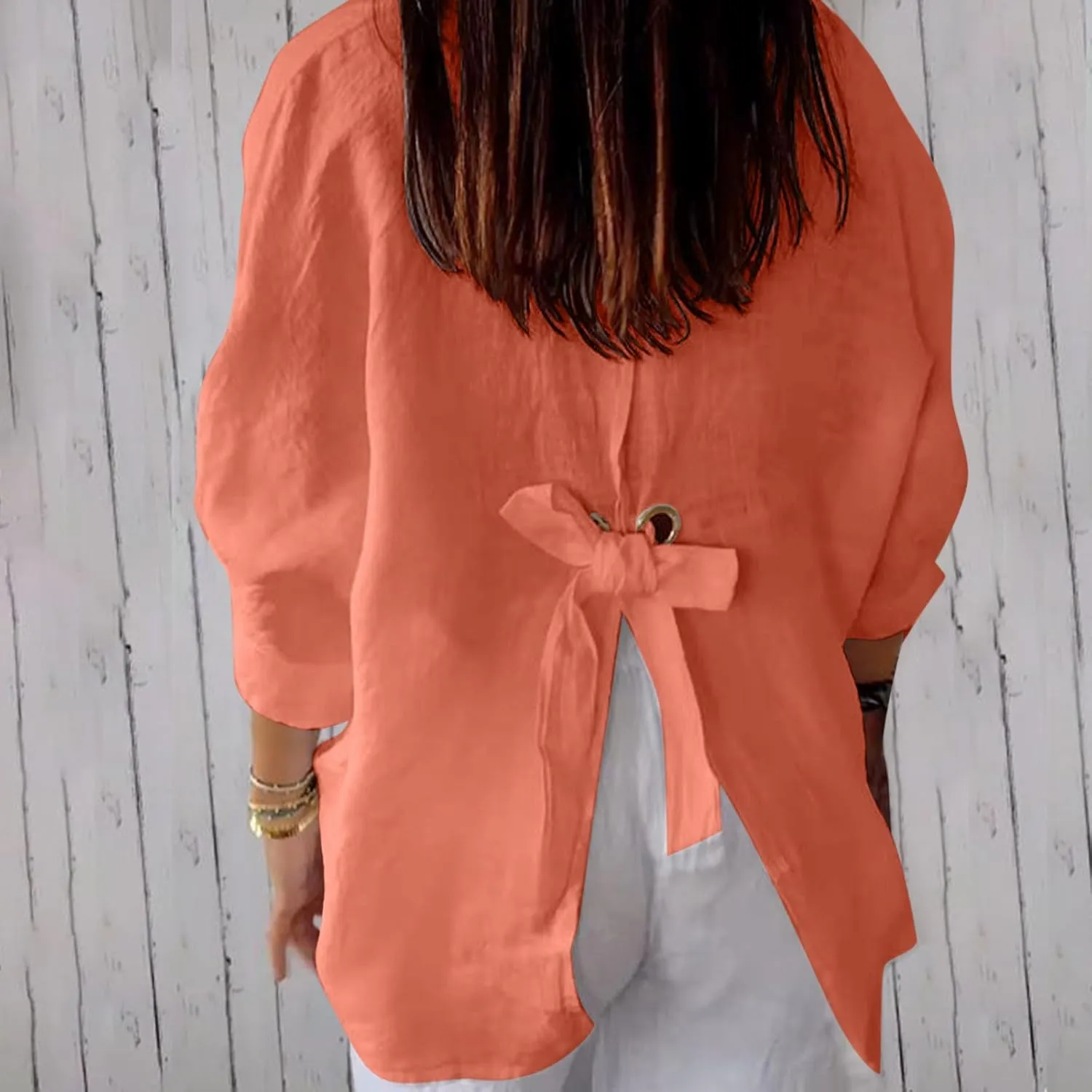 Women Casual Half Sleeve Button Down Shirts Summer Solid Casual Cotton Linen Tops Tie Back Design Fashion T Shirt