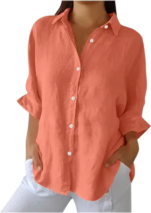 Women Casual Half Sleeve Button Down Shirts Summer Solid Casual Cotton Linen Tops Tie Back Design Fashion T Shirt