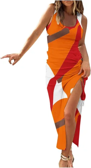 Women Crewneck Sleeveless Midi Dress Striped Contras Sundress Regular Fit 2024 Fashion Beach Maxi Dress