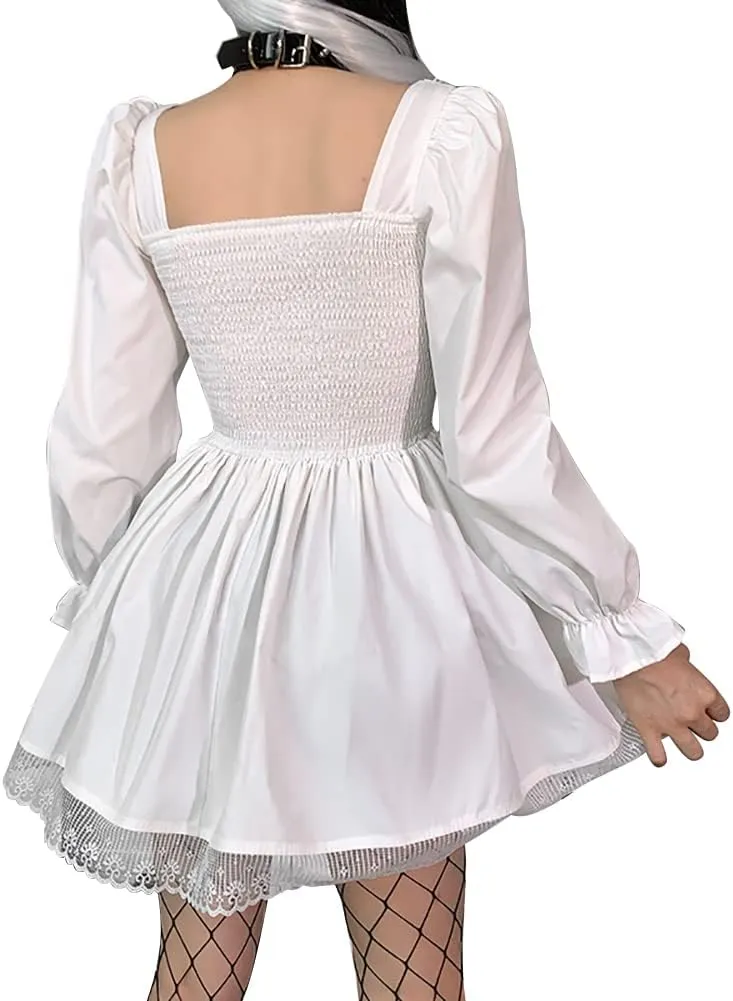 Women Gothic Lolita Dress Black Vintage Grunge Velvet Cocktail Party Dress Lace Patchwork Mesh Long Sleeve Punk Goth Dress
