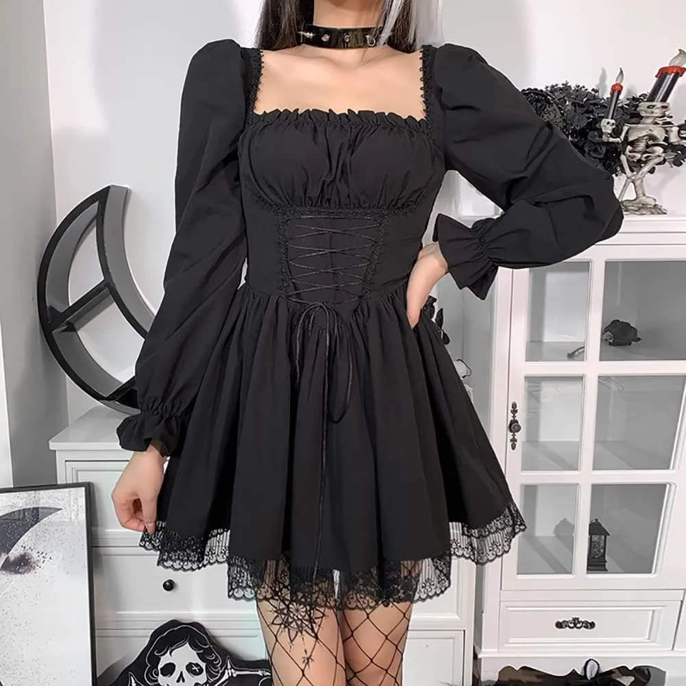 Women Gothic Lolita Dress Black Vintage Grunge Velvet Cocktail Party Dress Lace Patchwork Mesh Long Sleeve Punk Goth Dress