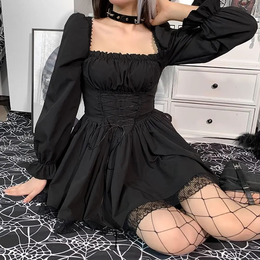 Women Gothic Lolita Dress Black Vintage Grunge Velvet Cocktail Party Dress Lace Patchwork Mesh Long Sleeve Punk Goth Dress