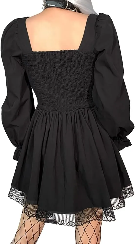 Women Gothic Lolita Dress Black Vintage Grunge Velvet Cocktail Party Dress Lace Patchwork Mesh Long Sleeve Punk Goth Dress