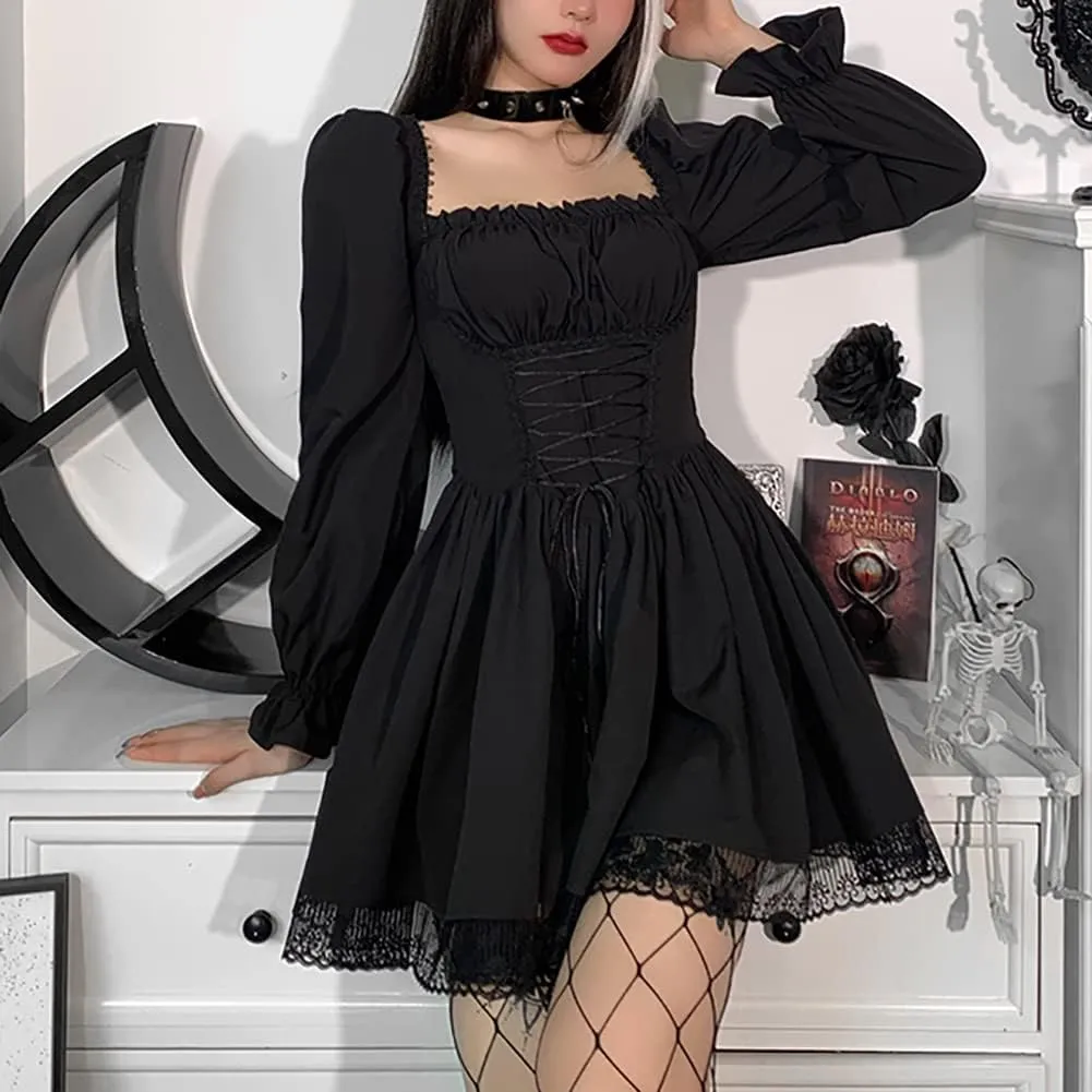 Women Gothic Lolita Dress Black Vintage Grunge Velvet Cocktail Party Dress Lace Patchwork Mesh Long Sleeve Punk Goth Dress