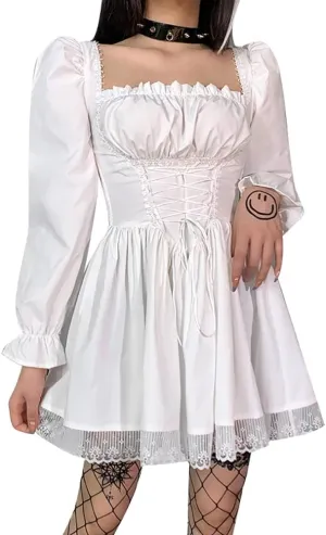 Women Gothic Lolita Dress Black Vintage Grunge Velvet Cocktail Party Dress Lace Patchwork Mesh Long Sleeve Punk Goth Dress