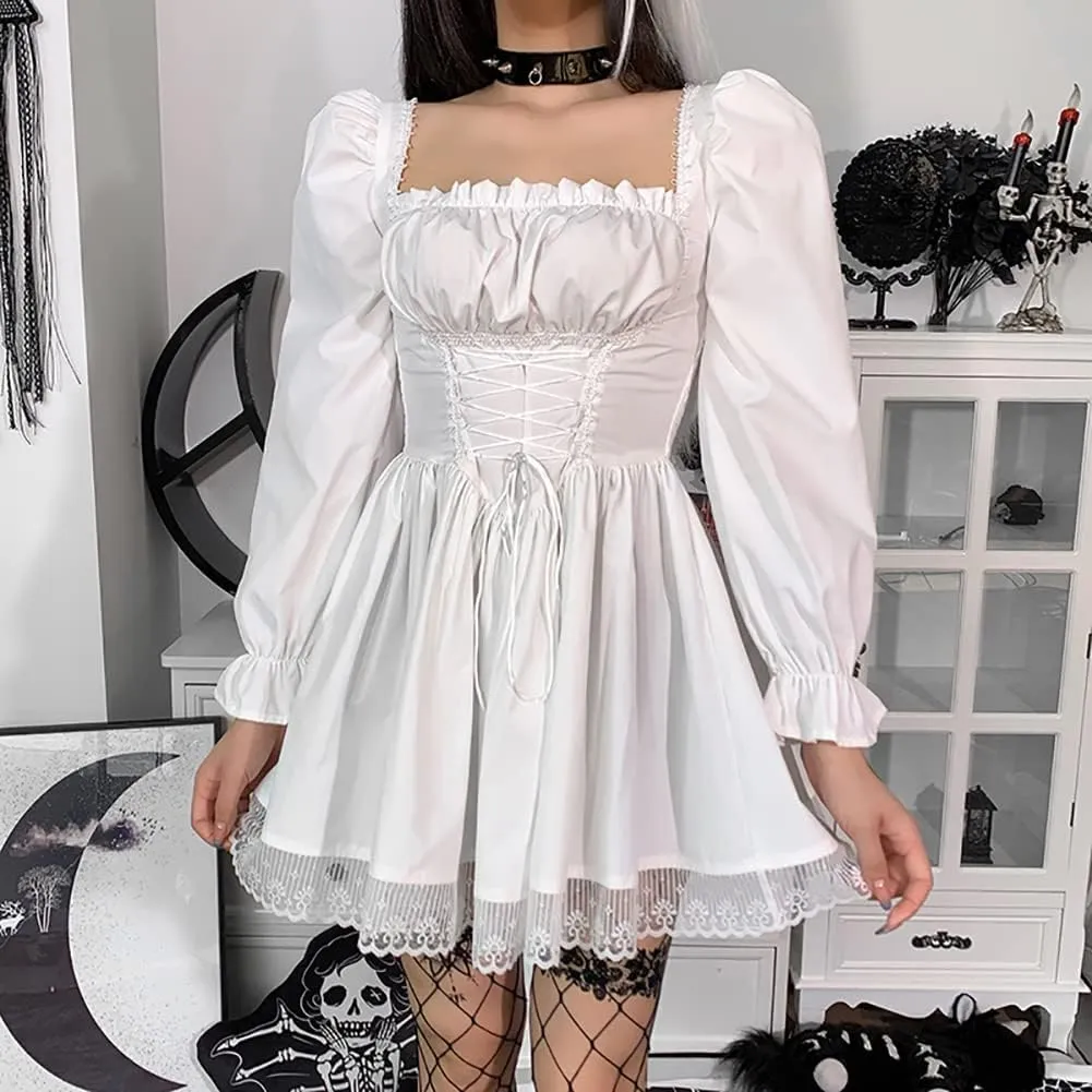 Women Gothic Lolita Dress Black Vintage Grunge Velvet Cocktail Party Dress Lace Patchwork Mesh Long Sleeve Punk Goth Dress