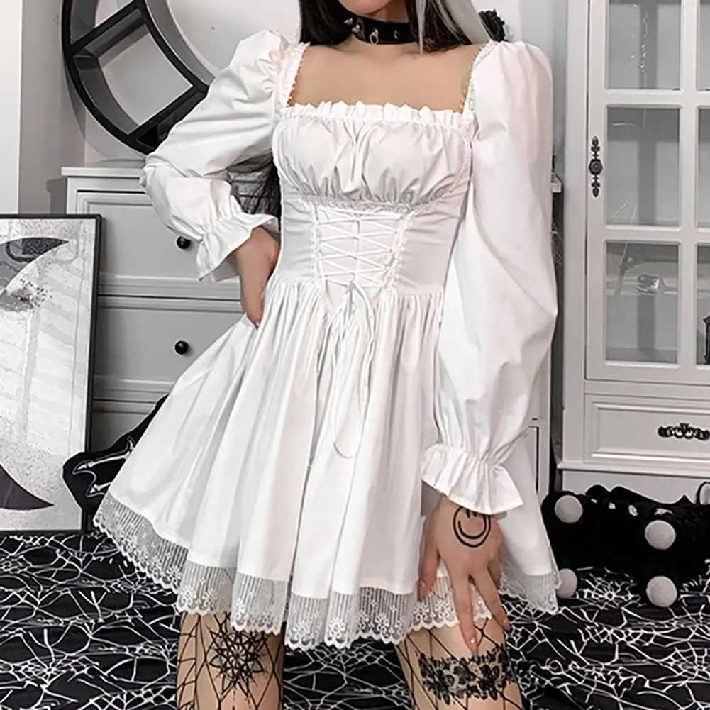 Women Gothic Lolita Dress Black Vintage Grunge Velvet Cocktail Party Dress Lace Patchwork Mesh Long Sleeve Punk Goth Dress