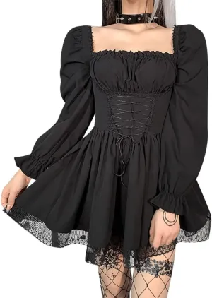 Women Gothic Lolita Dress Black Vintage Grunge Velvet Cocktail Party Dress Lace Patchwork Mesh Long Sleeve Punk Goth Dress