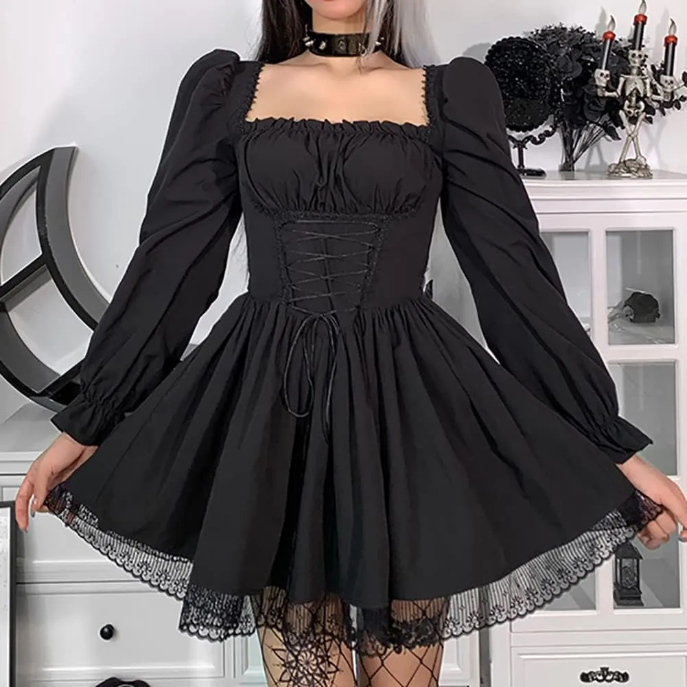 Women Gothic Lolita Dress Black Vintage Grunge Velvet Cocktail Party Dress Lace Patchwork Mesh Long Sleeve Punk Goth Dress