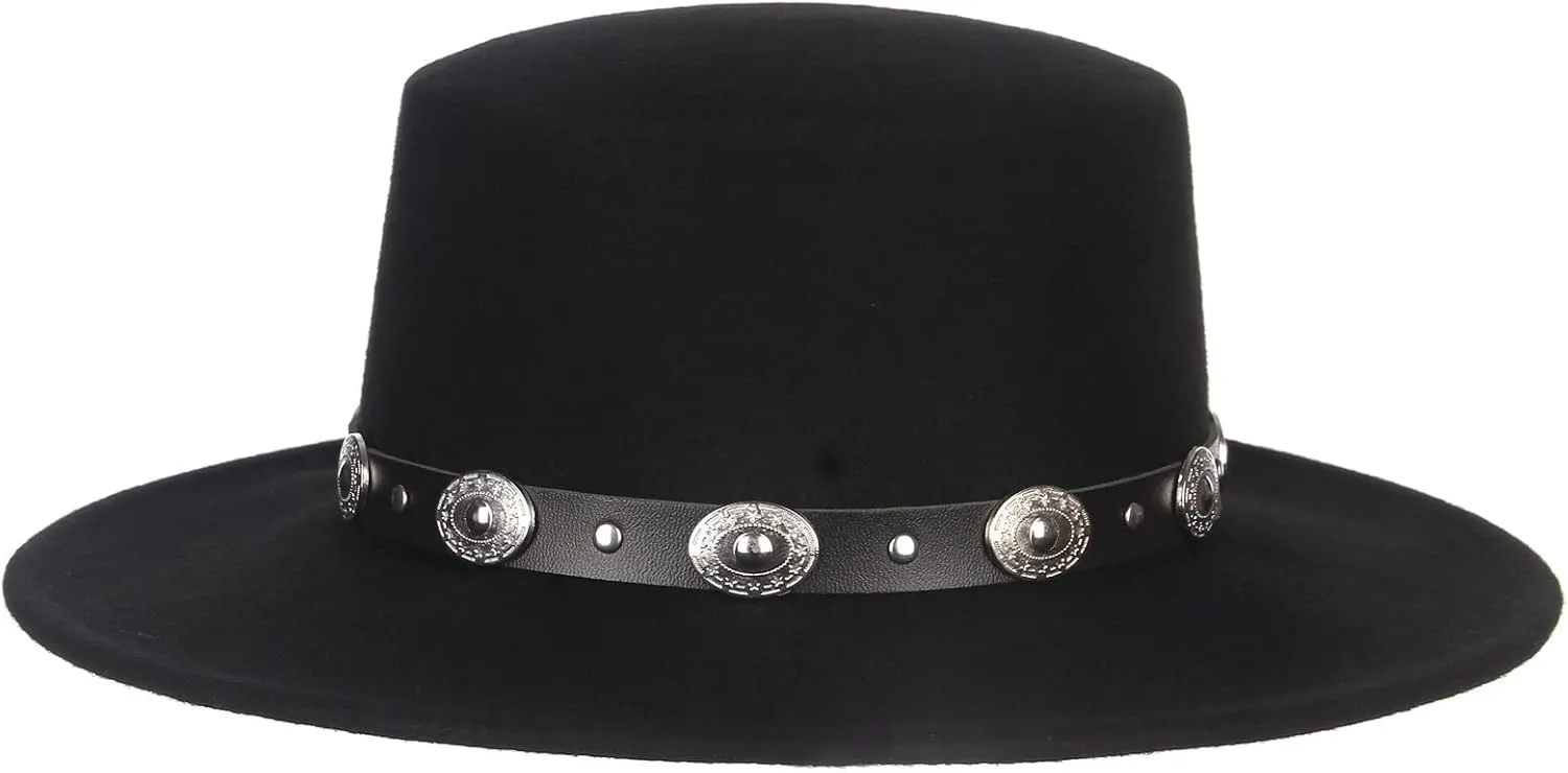 Women Men 100% Wool Classic Felt Fedora Hat Wide Brim Flat Top Jazz Panama Hat with Belt Buckle Casual Party Church Hat Black