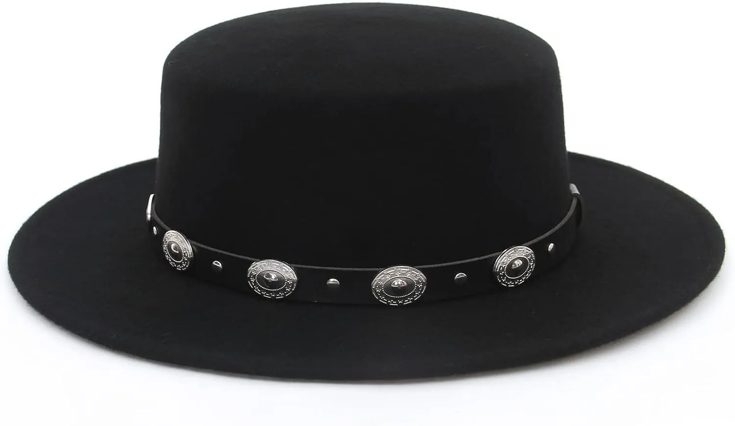 Women Men 100% Wool Classic Felt Fedora Hat Wide Brim Flat Top Jazz Panama Hat with Belt Buckle Casual Party Church Hat Black