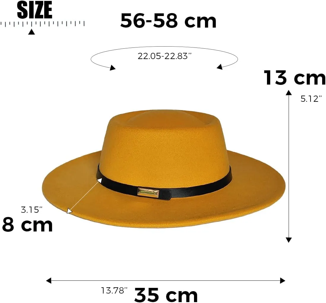 Women Men Wool Fedora Hat, Classic Vintage Wide Brim Flat Top Hat Warm Jazz Panama Hat with Belt