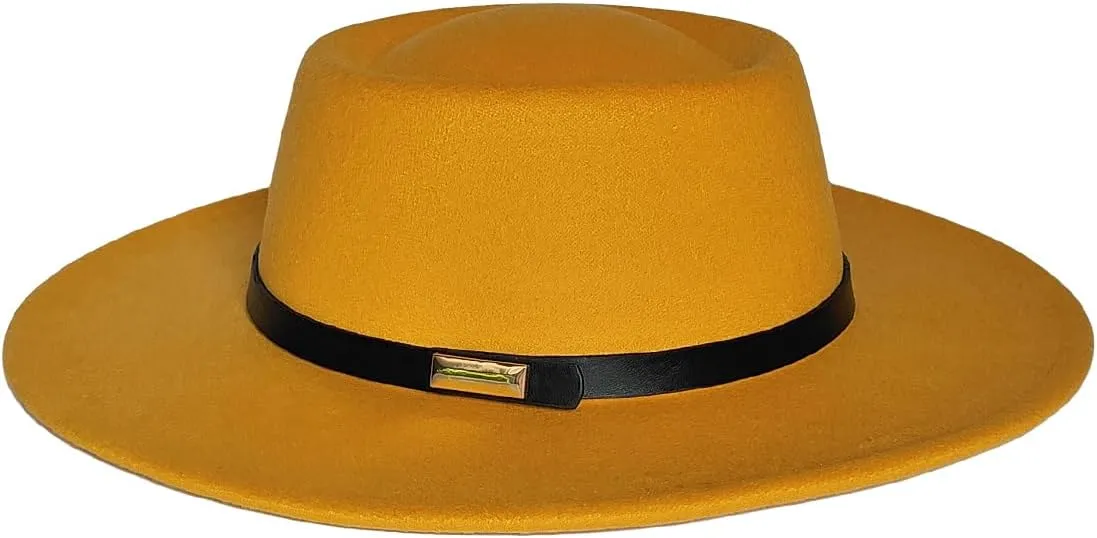 Women Men Wool Fedora Hat, Classic Vintage Wide Brim Flat Top Hat Warm Jazz Panama Hat with Belt