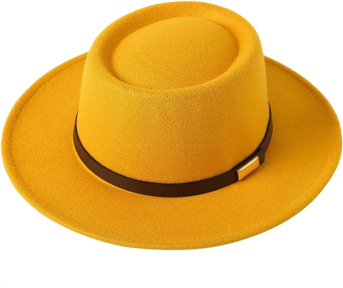 Women Men Wool Fedora Hat, Classic Vintage Wide Brim Flat Top Hat Warm Jazz Panama Hat with Belt