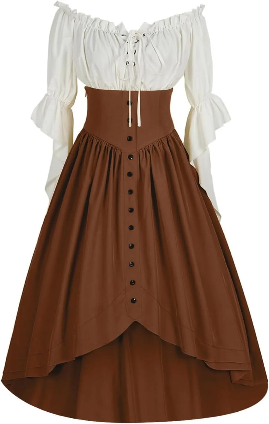 Women Off Shoulder Fairy Court Dress Ruffle Puff Sleeve Cinch Waist Corset Dresses Irish Medieval Peasant Dress