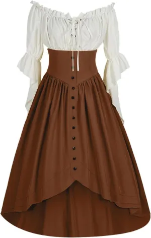 Women Off Shoulder Fairy Court Dress Ruffle Puff Sleeve Cinch Waist Corset Dresses Irish Medieval Peasant Dress