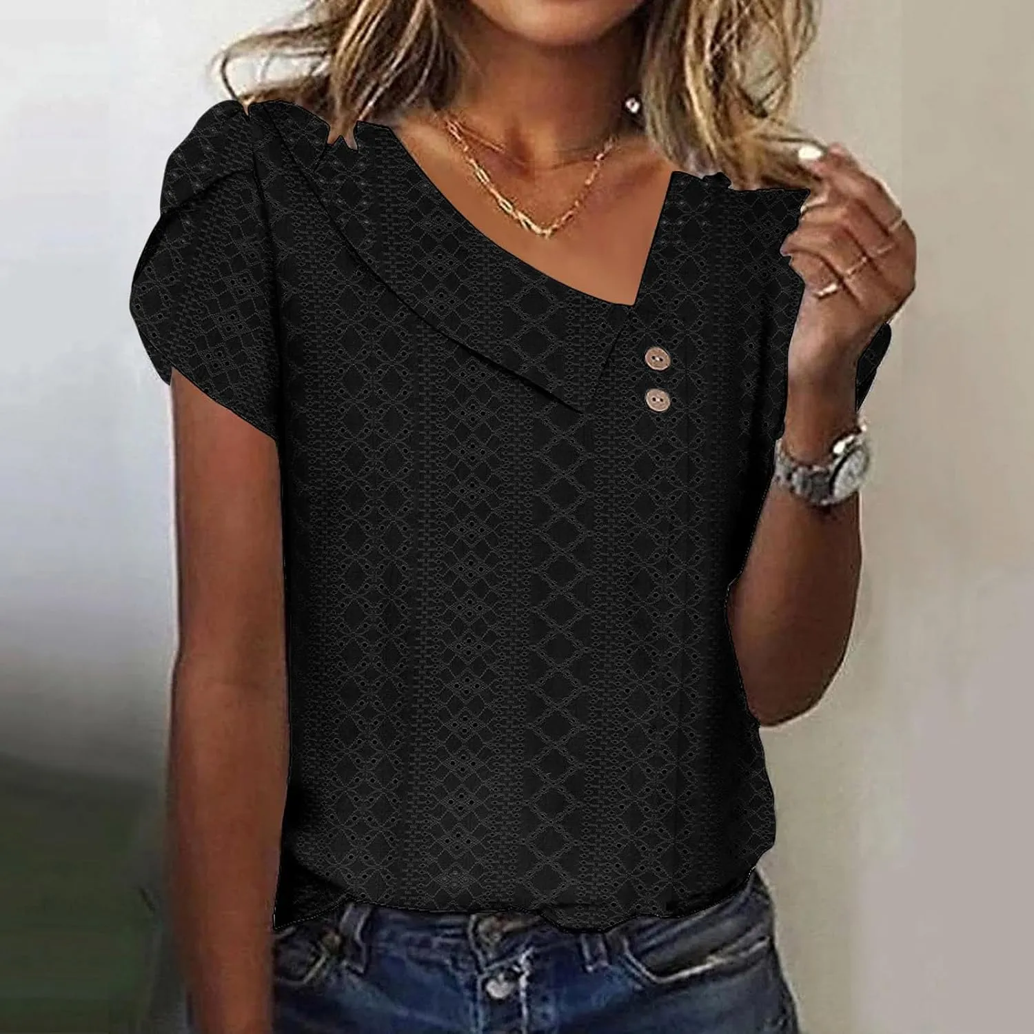 Women Petal Short Sleeve V Neck T Shirts Loose Summer Casual Solid Tops T-Shirt Tunics Eyelet Fashion Design Blouse