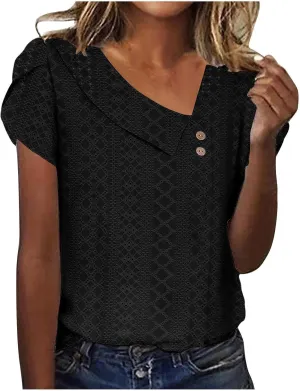 Women Petal Short Sleeve V Neck T Shirts Loose Summer Casual Solid Tops T-Shirt Tunics Eyelet Fashion Design Blouse