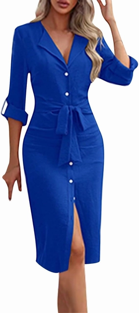 Women's Roll Up Long Sleeve Button Down Shirt Dress Casual Loose Front Split Work Business Dressy Midi Dresses with Belt