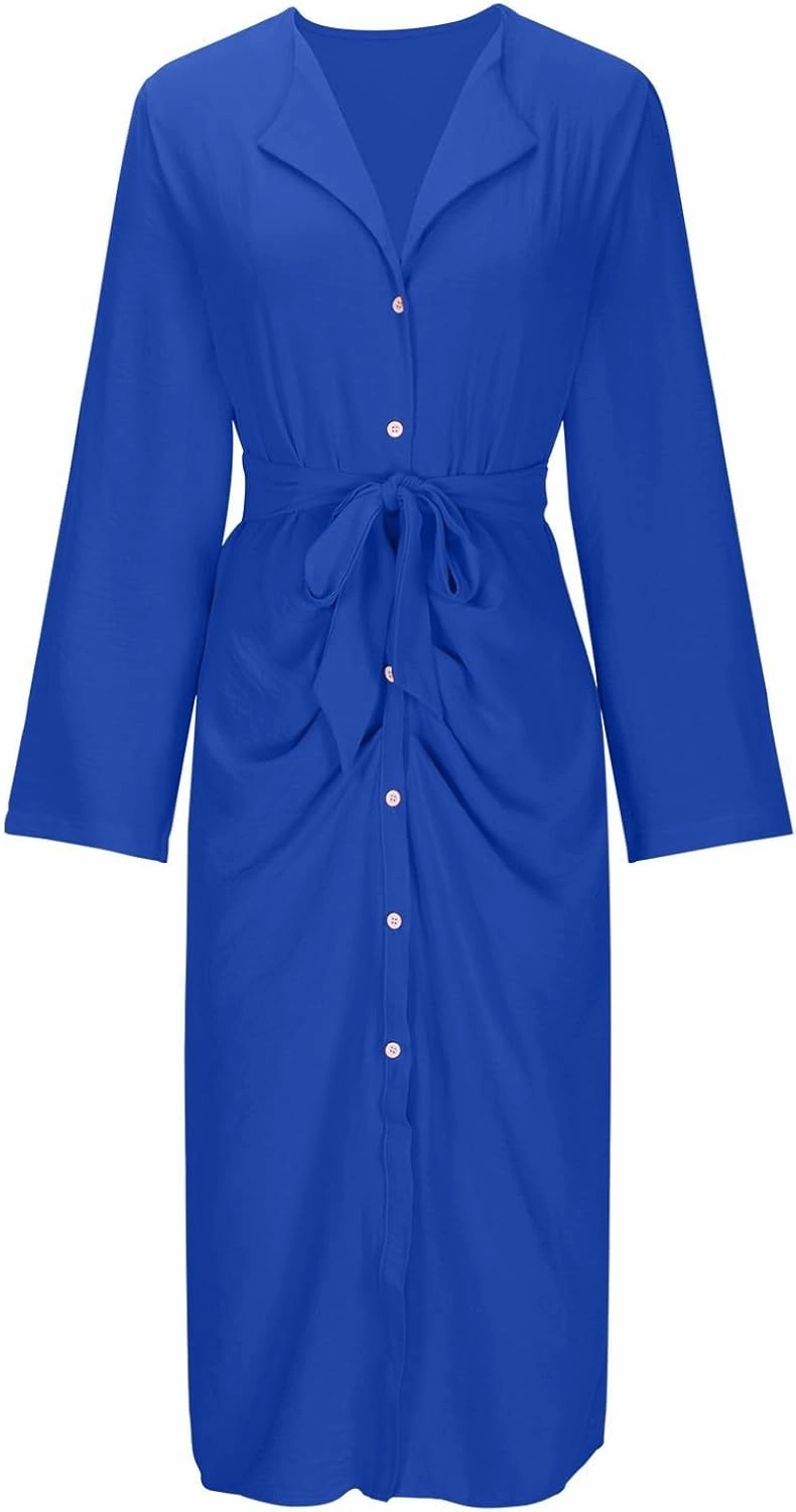 Women's Roll Up Long Sleeve Button Down Shirt Dress Casual Loose Front Split Work Business Dressy Midi Dresses with Belt