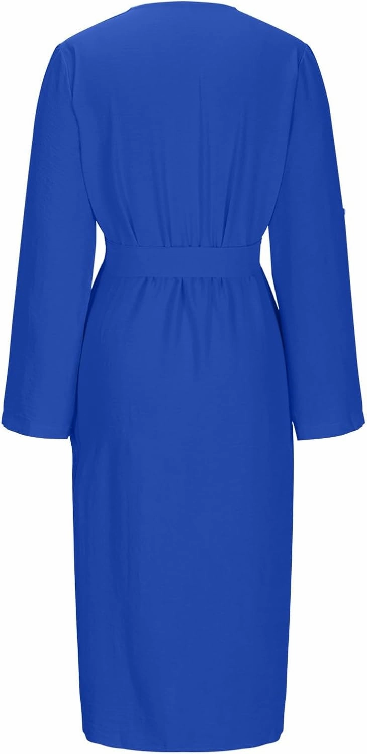Women's Roll Up Long Sleeve Button Down Shirt Dress Casual Loose Front Split Work Business Dressy Midi Dresses with Belt