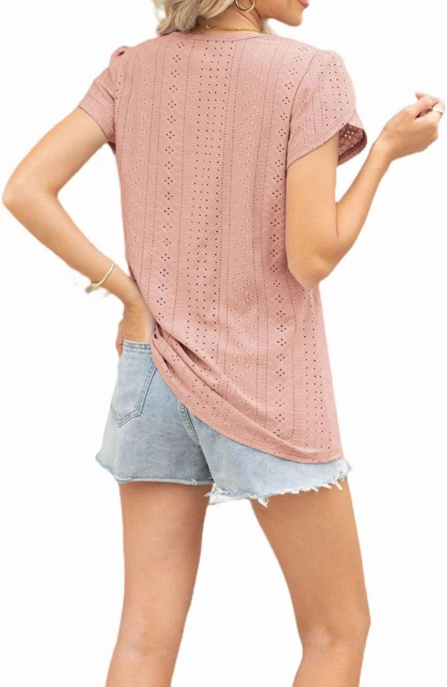 Women's Summer Tee Spring Fashion Short Sleeve Roll Up Loose Fit Shirts Casual T Shirts V Neck Tshirts Tunic Tops