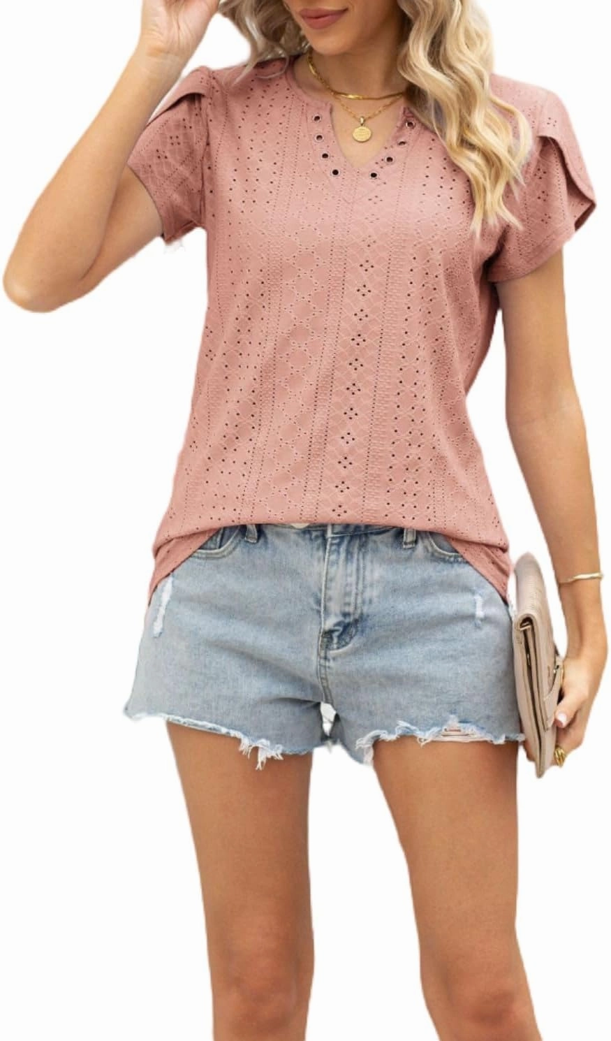 Women's Summer Tee Spring Fashion Short Sleeve Roll Up Loose Fit Shirts Casual T Shirts V Neck Tshirts Tunic Tops