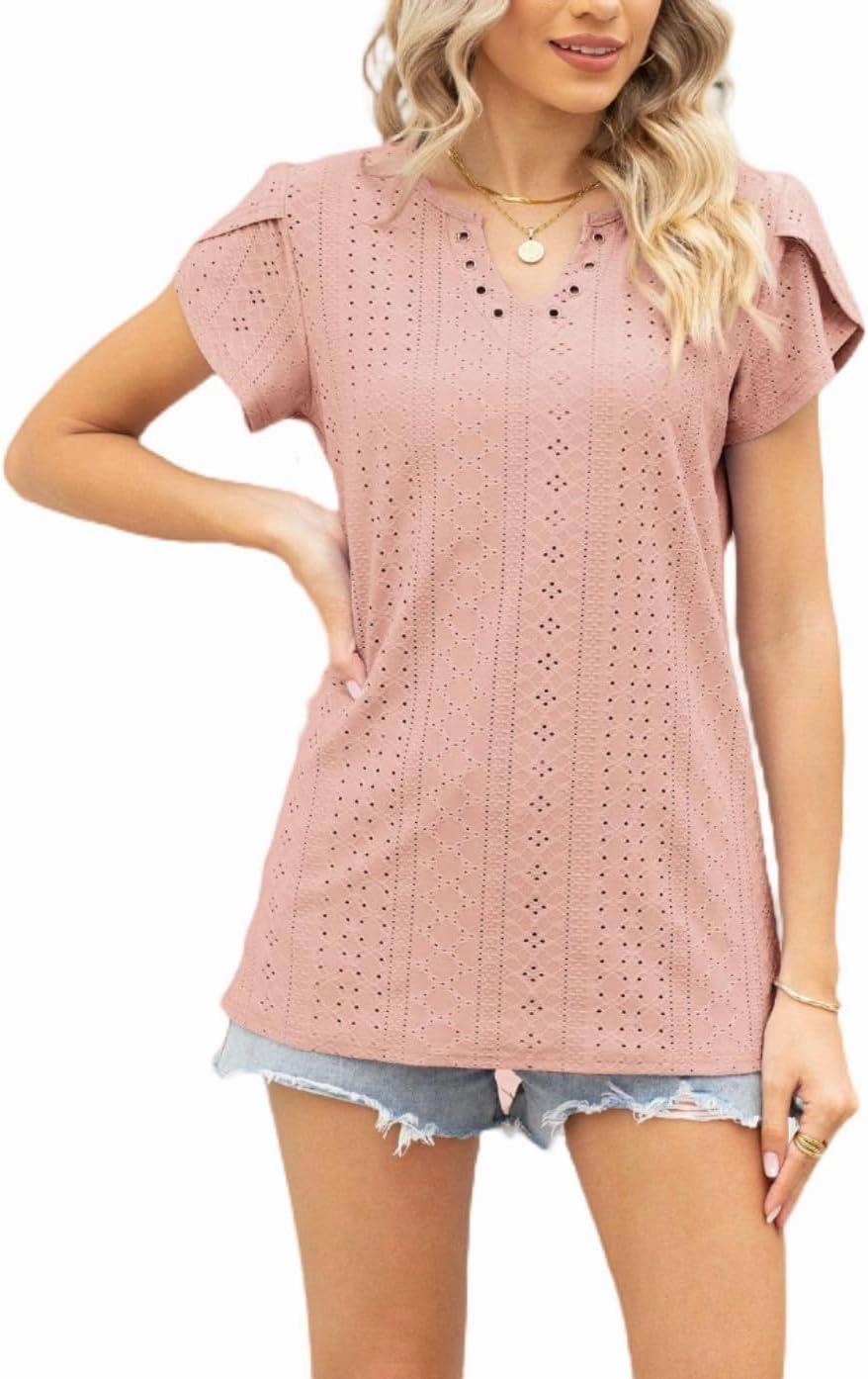 Women's Summer Tee Spring Fashion Short Sleeve Roll Up Loose Fit Shirts Casual T Shirts V Neck Tshirts Tunic Tops