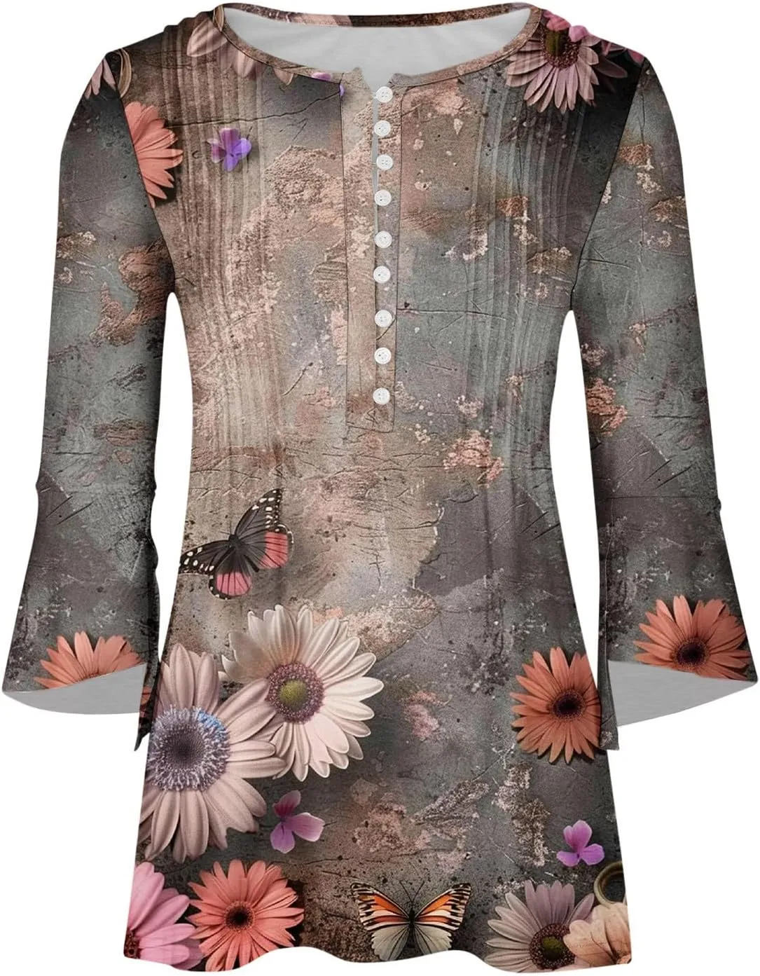 Womens 2024 3/4 Sleeve Summer Spirng Tops Fashion Floral Printed Casual Shirts Button V-Neck T-Shirt Tunics Blouse