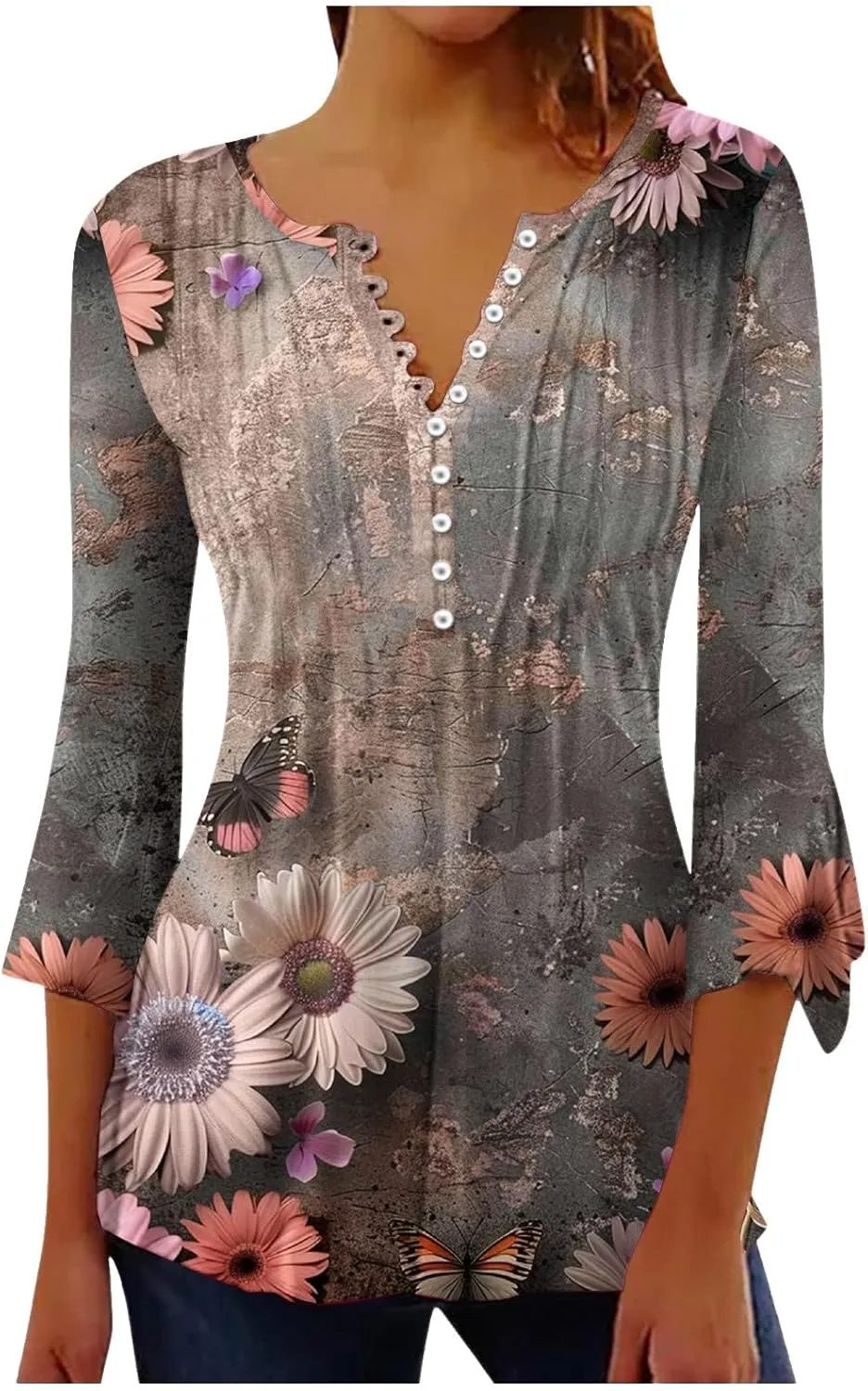 Womens 2024 3/4 Sleeve Summer Spirng Tops Fashion Floral Printed Casual Shirts Button V-Neck T-Shirt Tunics Blouse