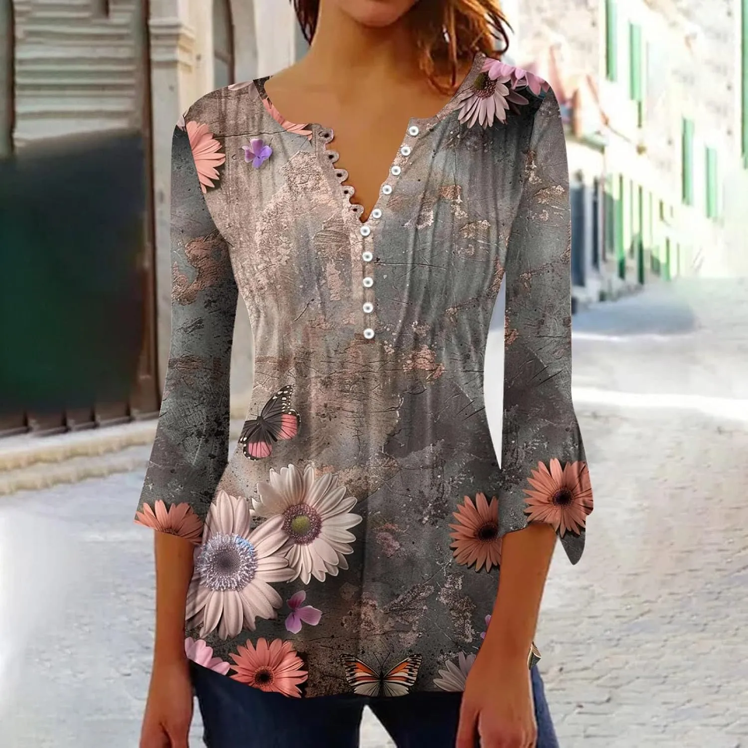 Womens 2024 3/4 Sleeve Summer Spirng Tops Fashion Floral Printed Casual Shirts Button V-Neck T-Shirt Tunics Blouse