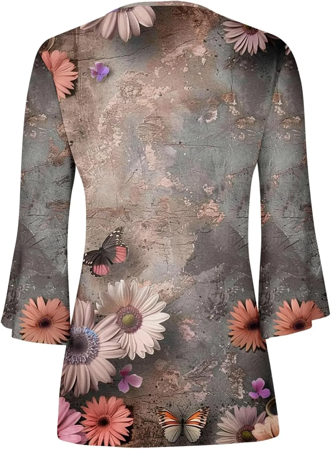 Womens 2024 3/4 Sleeve Summer Spirng Tops Fashion Floral Printed Casual Shirts Button V-Neck T-Shirt Tunics Blouse