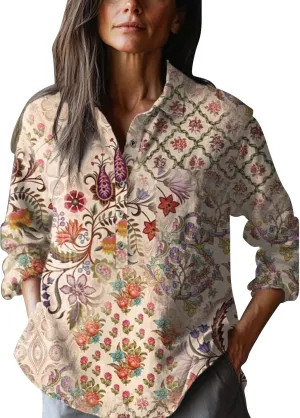 Womens Cotton Linen Button Down Shirt 2025 Women's Floral Butterfly Print Natural Autumn Fragrant Solid Blouses Tops