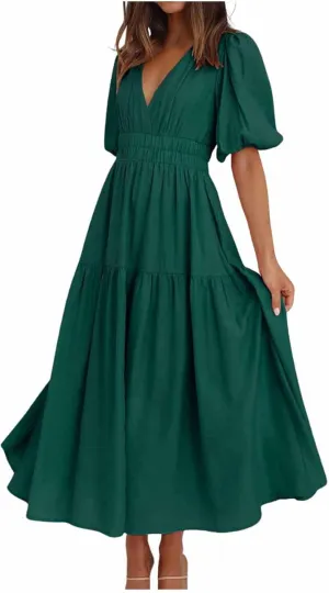 Women's Deep V Neck Puff Dress Short Sleeve Tiered Wedding Prom Dress Elastic High Waist Flowy A Line Midi Dresses