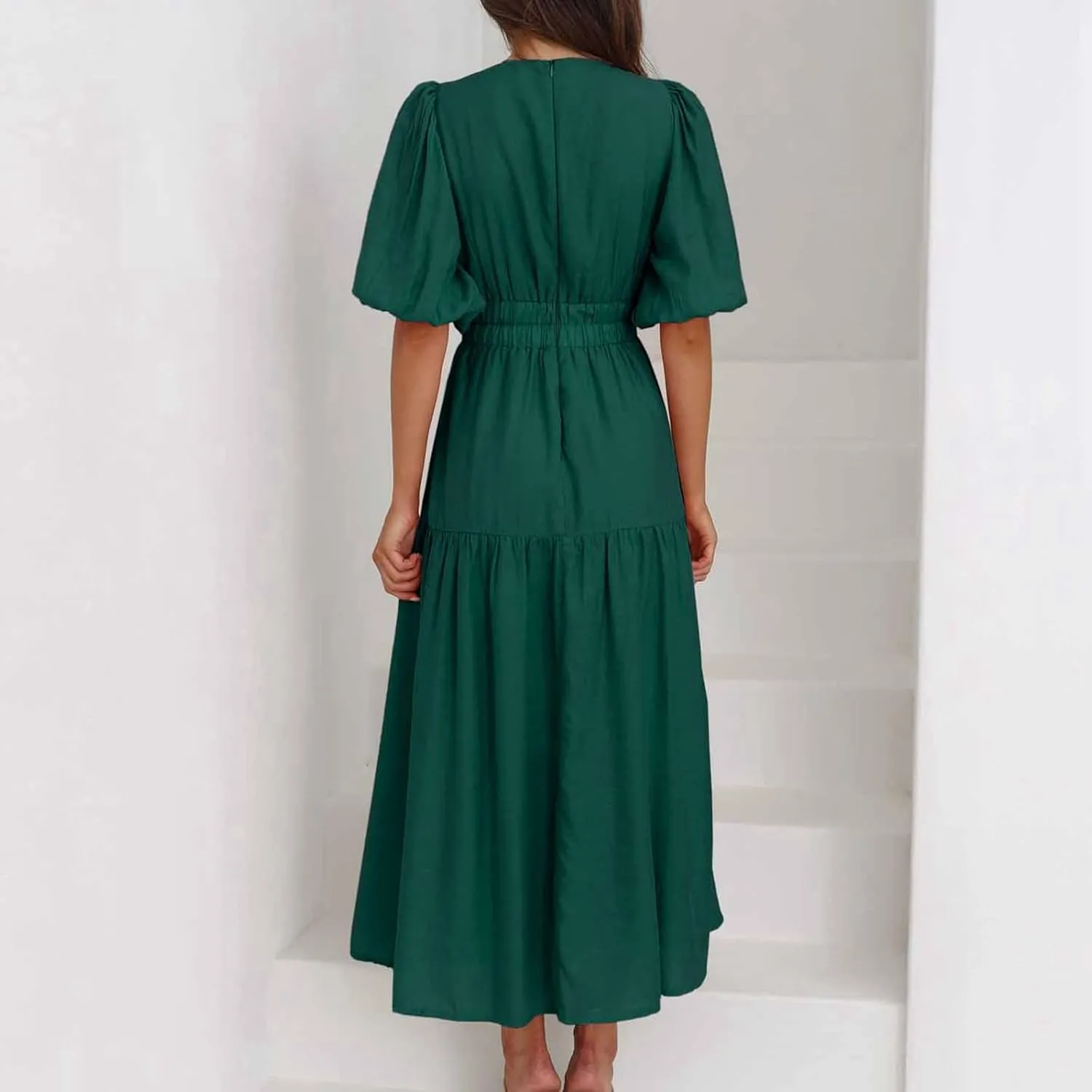 Women's Deep V Neck Puff Dress Short Sleeve Tiered Wedding Prom Dress Elastic High Waist Flowy A Line Midi Dresses