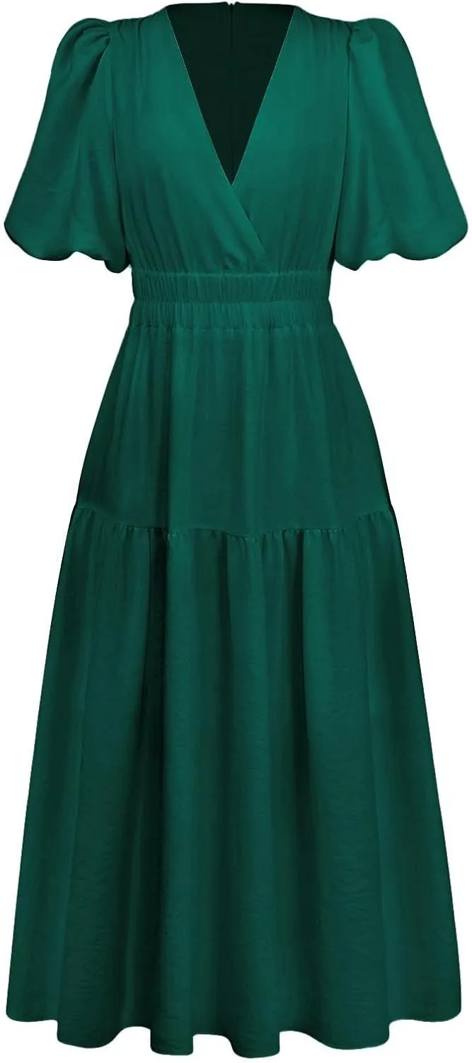 Women's Deep V Neck Puff Dress Short Sleeve Tiered Wedding Prom Dress Elastic High Waist Flowy A Line Midi Dresses