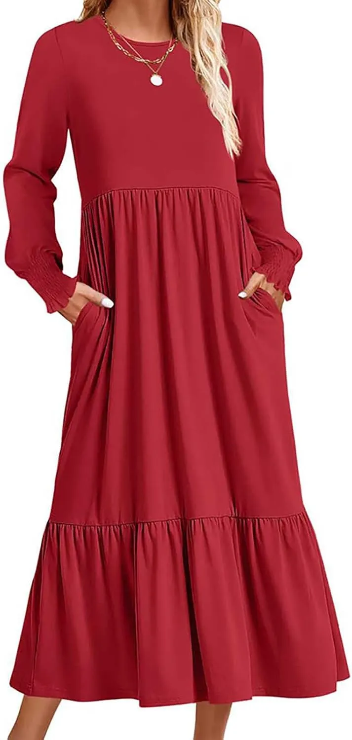 Women's Dresses Loose Fit Long Sleeve Crewneck Solid Tiered Ruffle Hem Maxi Dress Causal T-Shirt Dress with Pockets