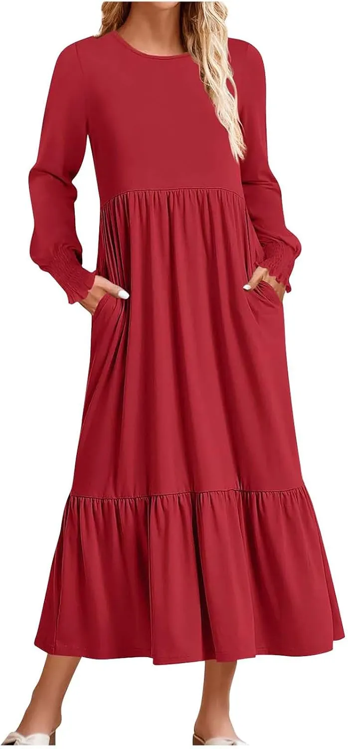 Women's Dresses Loose Fit Long Sleeve Crewneck Solid Tiered Ruffle Hem Maxi Dress Causal T-Shirt Dress with Pockets