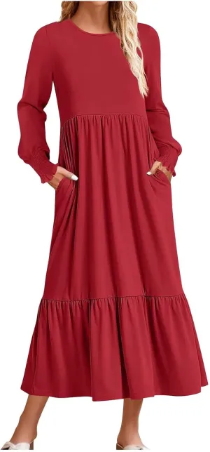 Women's Dresses Loose Fit Long Sleeve Crewneck Solid Tiered Ruffle Hem Maxi Dress Causal T-Shirt Dress with Pockets