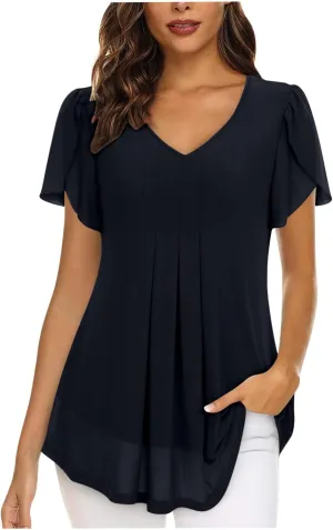 Womens Dressy Casual Tops Short Sleeve Shirts Layered Chiffon Blouse Summer Flowy Tunic TopsTuniques Pour Femme
