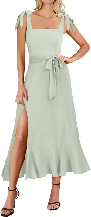 Womens Elegant Square Neck Ruffle Split Midi Bridesmaid Formal Dress for Wedding Guest Cocktail Graduation Party
