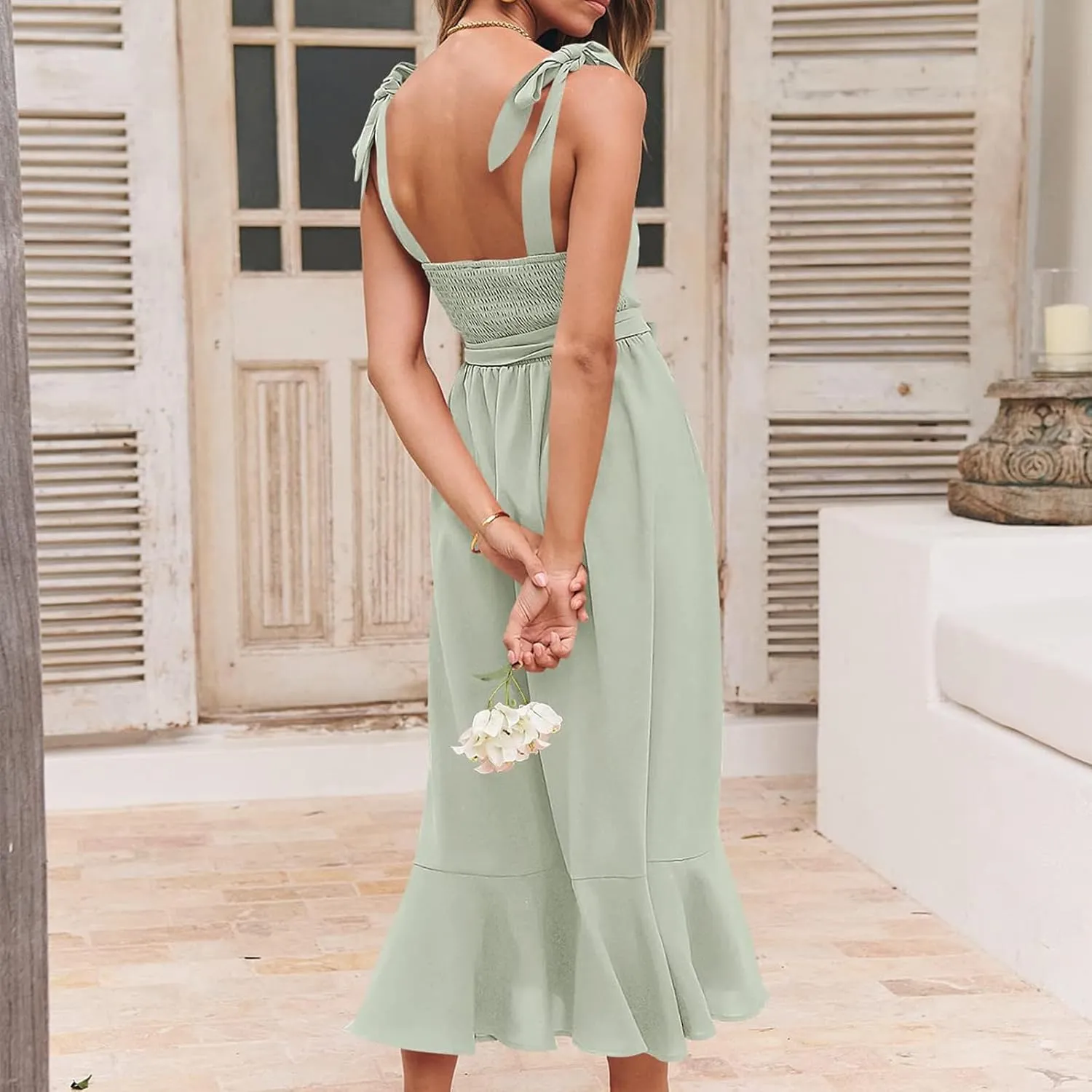 Womens Elegant Square Neck Ruffle Split Midi Bridesmaid Formal Dress for Wedding Guest Cocktail Graduation Party