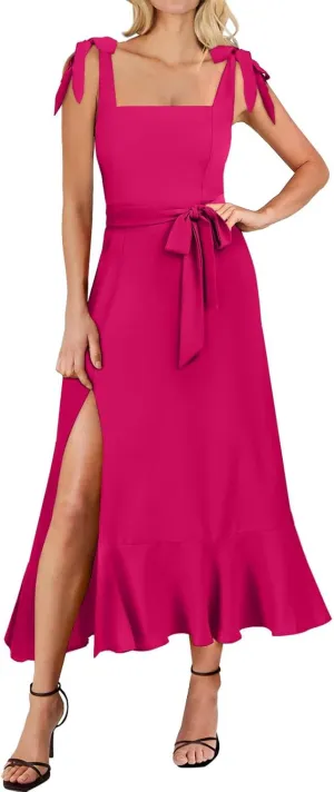 Womens Elegant Square Neck Ruffle Split Midi Bridesmaid Formal Dress for Wedding Guest Cocktail Graduation Party