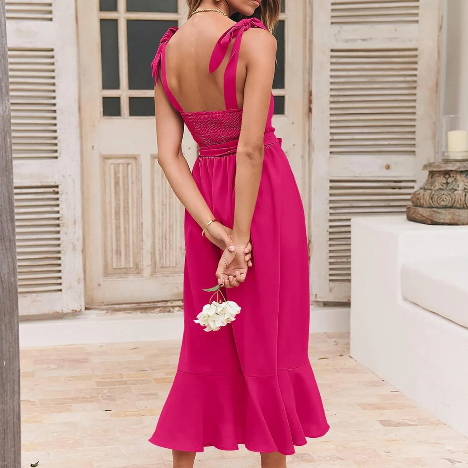 Womens Elegant Square Neck Ruffle Split Midi Bridesmaid Formal Dress for Wedding Guest Cocktail Graduation Party