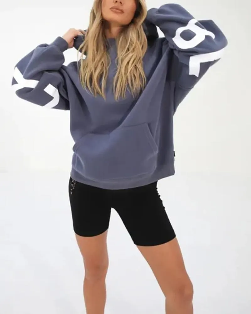 Womens Letter Prints Oversized Hoodies Thicken Sweatshirts Long Sleeve Lightweight Pullover Outfits with Pocket