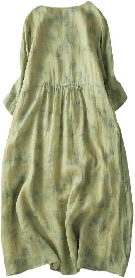 Women's Literary Cotton Linen Print V-Neck 3/4 Sleeve A-Line Skirt for Casual Art Daily Spring Summer