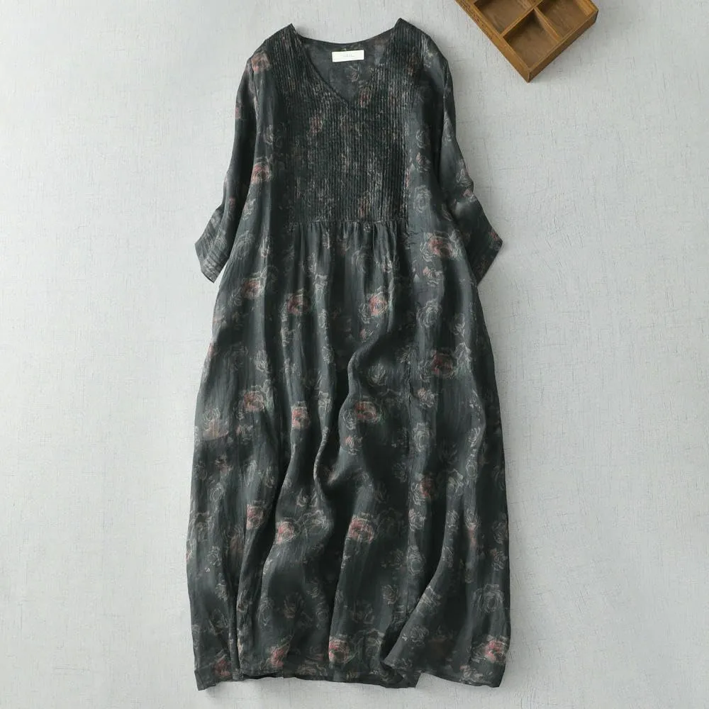 Women's Literary Cotton Linen Print V-Neck 3/4 Sleeve A-Line Skirt for Casual Art Daily Spring Summer