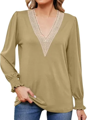 Womens Long Sleeve Tops Loose Size V Neck Shirts Casual Lace Patchwork Trendy Party Tops Fashion French Clothes