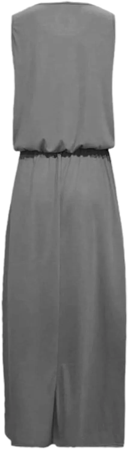 Women's Maxi Dress Summer Tiered Sleeveless Split Dress with Pockets Casual Crew Neck Floor Length Flowy Dresses